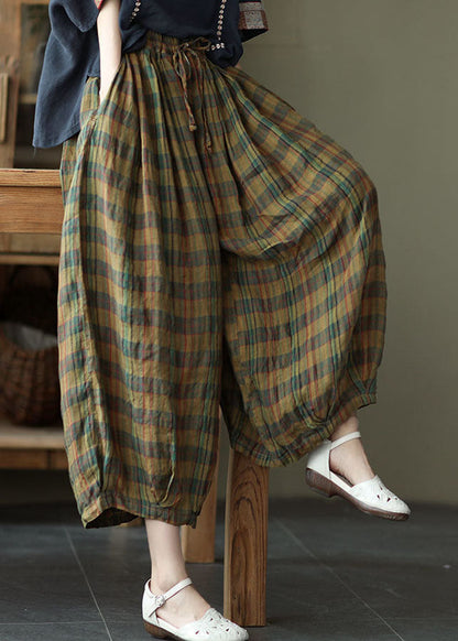 Yellow Plaid Print Cotton Wide Leg Pants Drawstring Spring