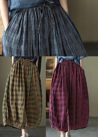Yellow Plaid Print Cotton Wide Leg Pants Drawstring Spring