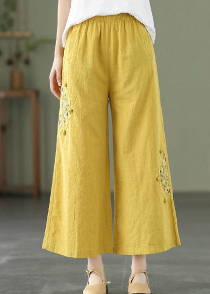 Yellow Pockets Cotton Wide Leg Pants Elastic Waist