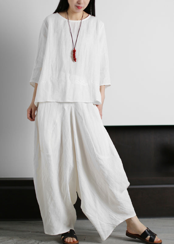 Yellow Pockets Linen Tops and Harm Pants Two Piece Outfit Three Quarter Sleeve