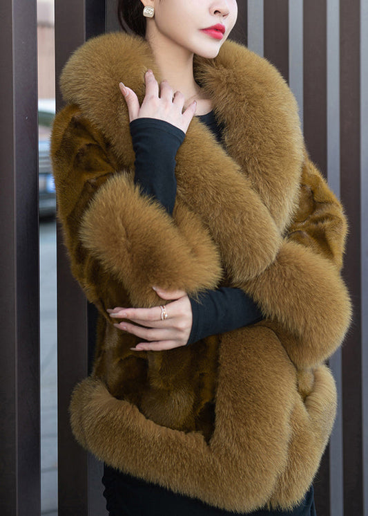 Yellow Pockets Patchwork Leather and Fur Coats V Neck Long Sleeve