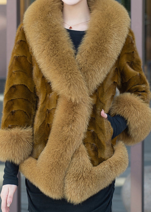 Yellow Pockets Patchwork Leather and Fur Coats V Neck Long Sleeve