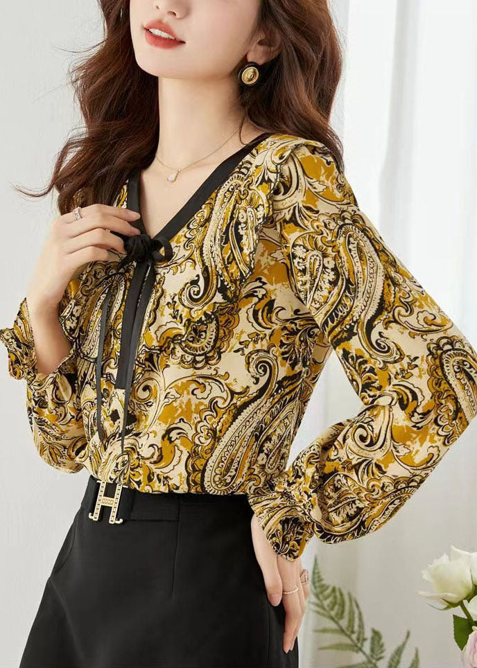 Yellow Print Chiffon Blouse Tops V Neck Lantern Sleeve