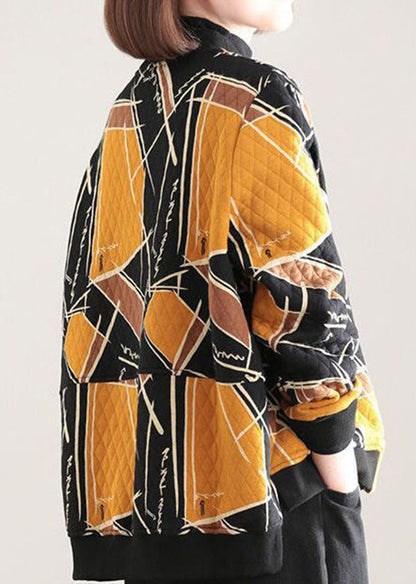 Yellow Print Fine Cotton Filled Parka Stand Collar Zip Up Winter