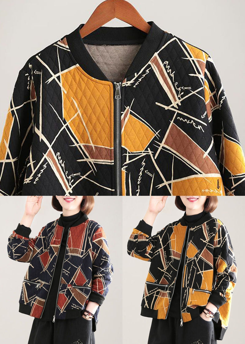 Yellow Print Fine Cotton Filled Parka Stand Collar Zip Up Winter