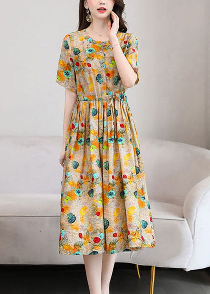 Yellow Print Linen Dresses O-neck Cinched Drawstring Short Sleeve