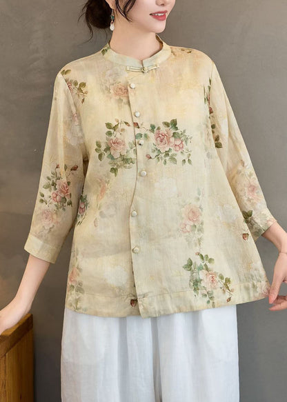 Yellow Print Linen Shirts Stand Collar Chinese Button Summer