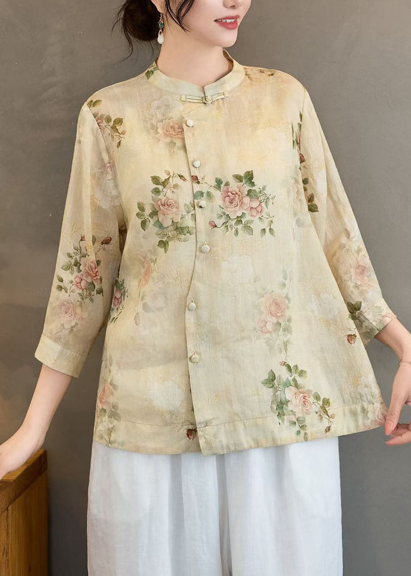 Yellow Print Linen Shirts Stand Collar Chinese Button Summer