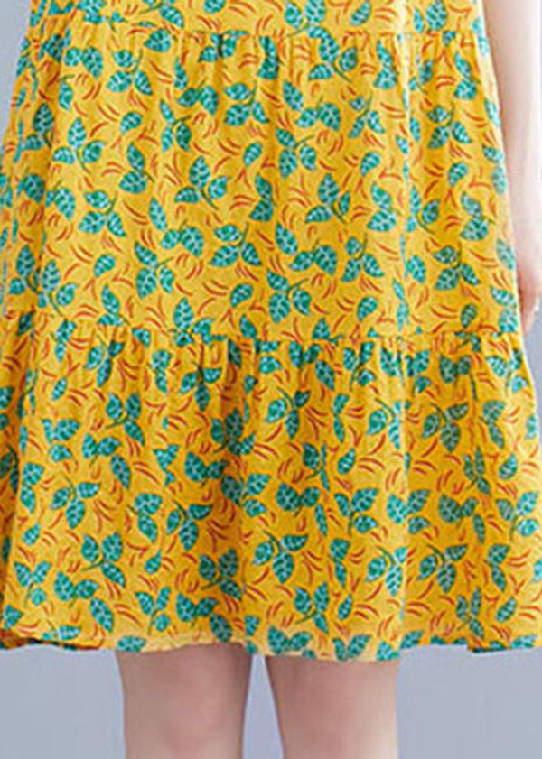 Yellow Print Patchwork Cotton Long Dresses O-neck Wrinkled Short Sleeve