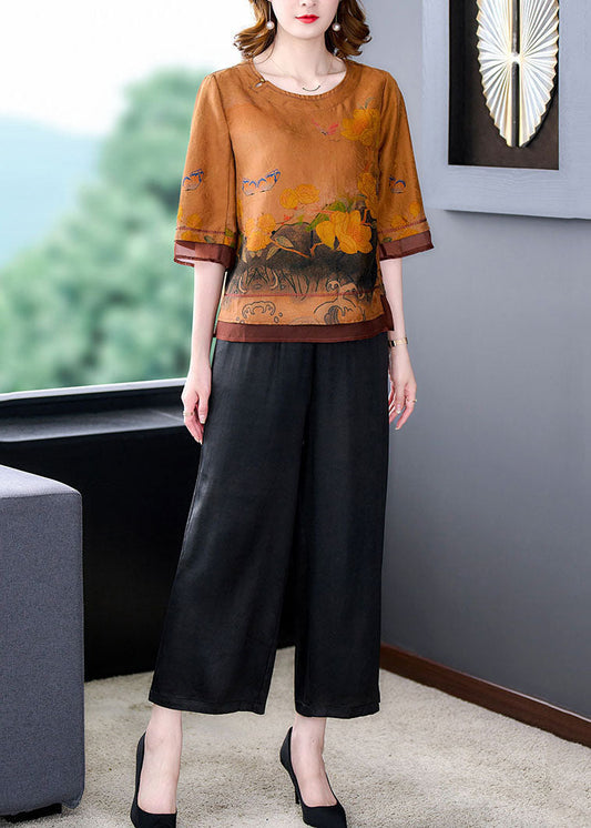 Yellow Print Patchwork Tops and Pants Silk 2 Piece Outfit Summer
