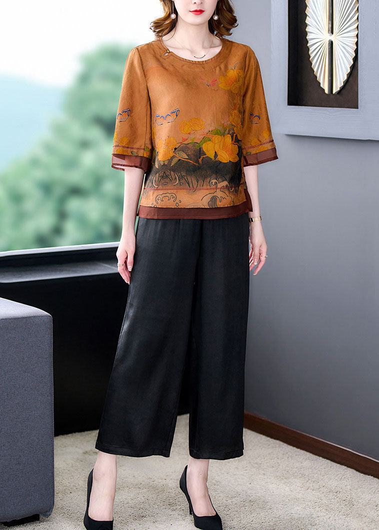 Yellow Print Patchwork Tops and Pants Silk 2 Piece Outfit Summer