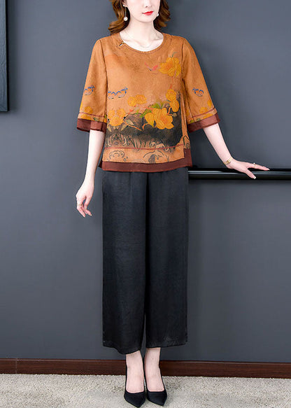 Yellow Print Patchwork Tops and Pants Silk 2 Piece Outfit Summer
