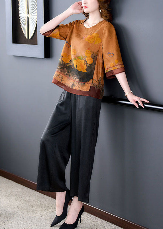 Yellow Print Patchwork Tops and Pants Silk 2 Piece Outfit Summer