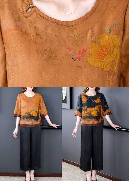 Yellow Print Patchwork Tops and Pants Silk 2 Piece Outfit Summer