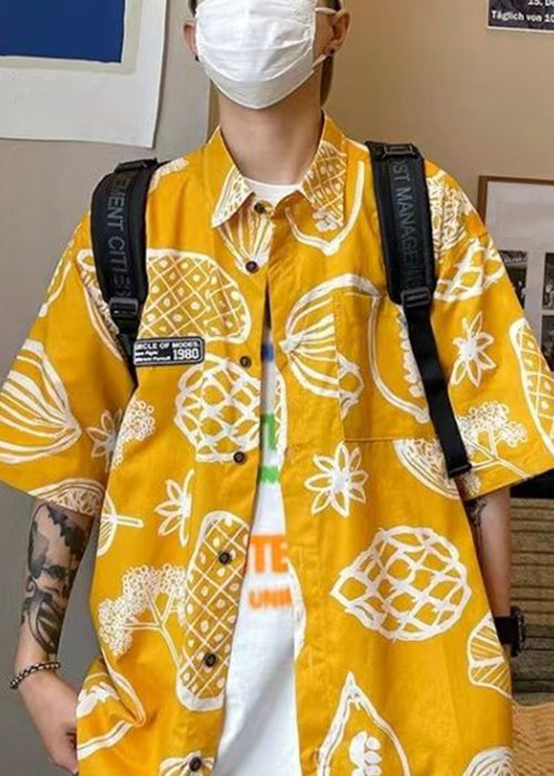 Yellow Print Pockets Cotton Shirts Peter Pan Collar Half Sleeve