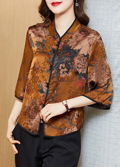 Yellow Print Silk Chinese Style Shirt Tops Stand Collar Button Half Sleeve