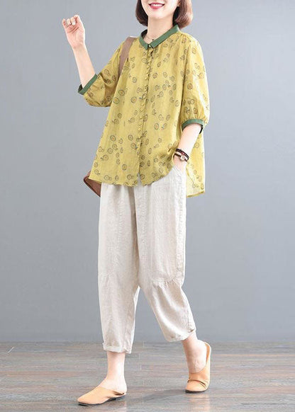 Yellow Print Tops and Beige Pants Linen Sets Summer