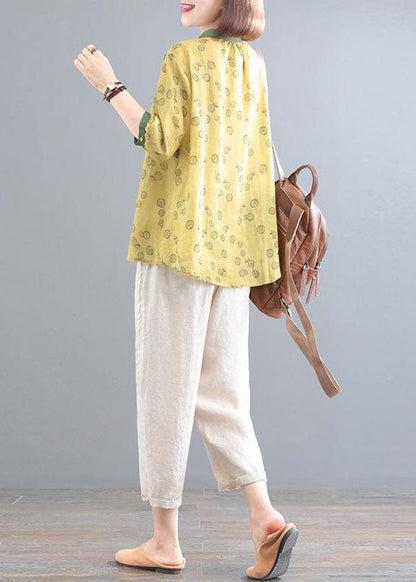 Yellow Print Tops and Beige Pants Linen Sets Summer