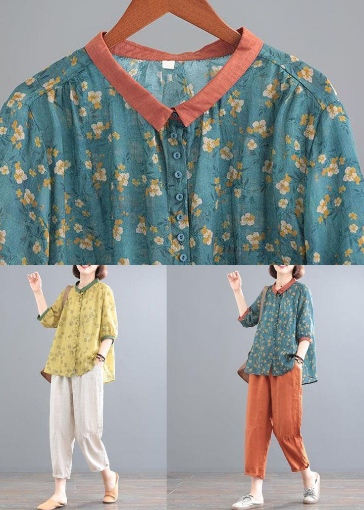 Yellow Print Tops and Beige Pants Linen Sets Summer