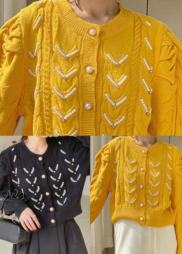 Yellow Puff Sleeve Nail Bead Knit Loose Sweaters Spring Coat