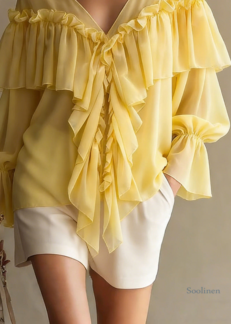 Yellow Ruffled Button Chiffon Shirt Tops V Neck Spring