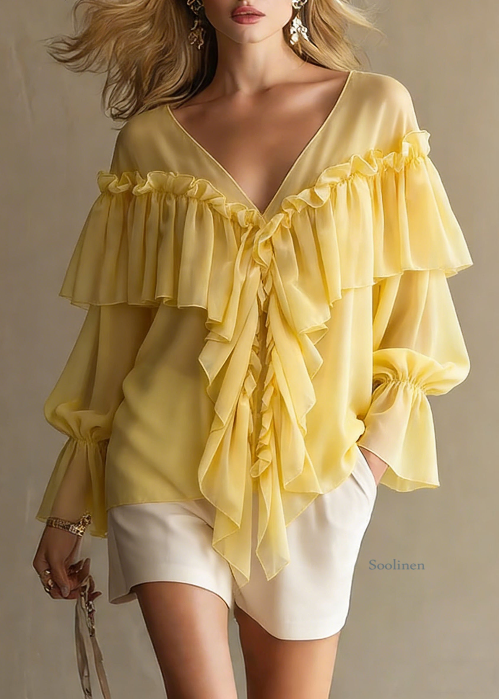Yellow Ruffled Button Chiffon Shirt Tops V Neck Spring