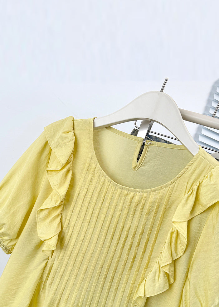 Yellow Ruffled Button Cotton Shirts O Neck