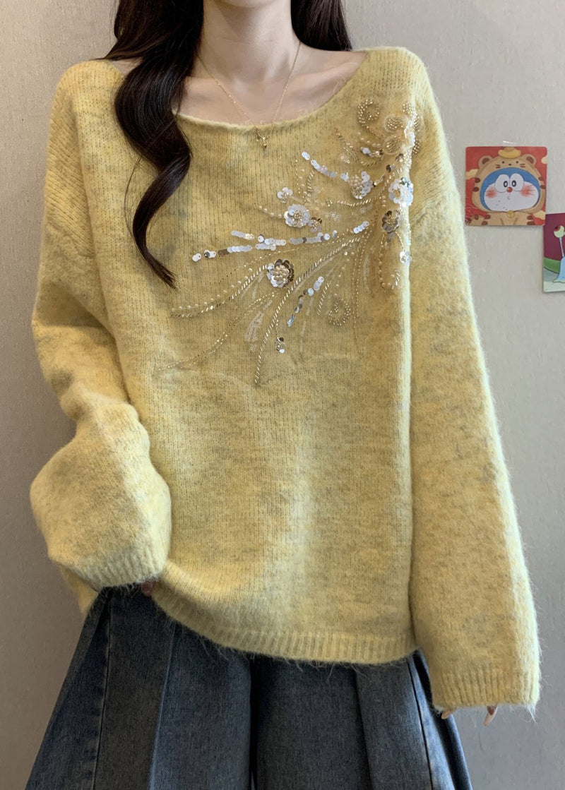 Yellow Sequins Knit Winter Sweater Tops O Neck