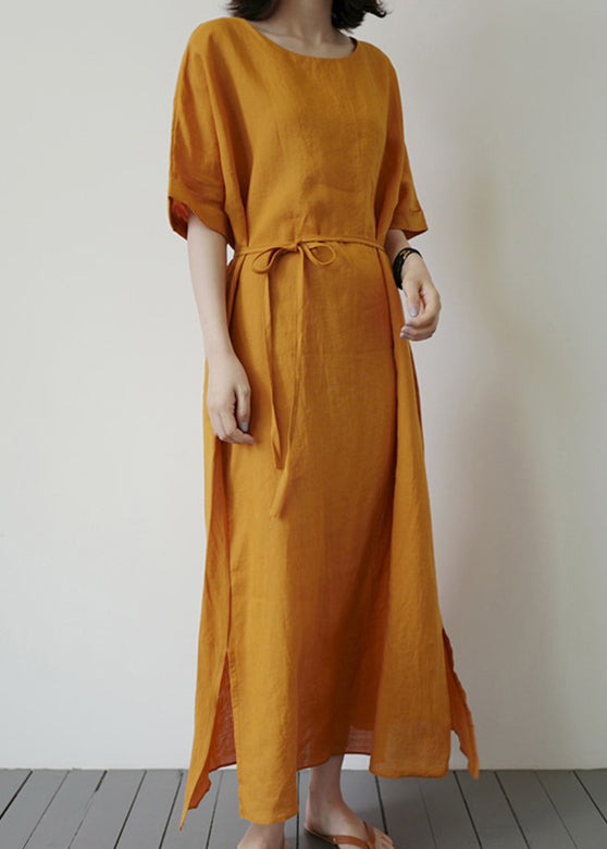 Yellow Side Open Holiday Maxi Dress Short Sleeve