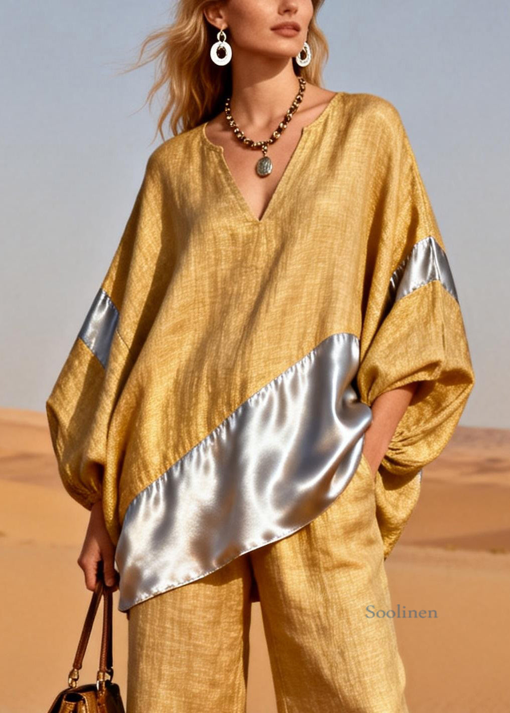 Yellow Silk Patchwork Tops and Pants Two Pieces Set V Neck Spring