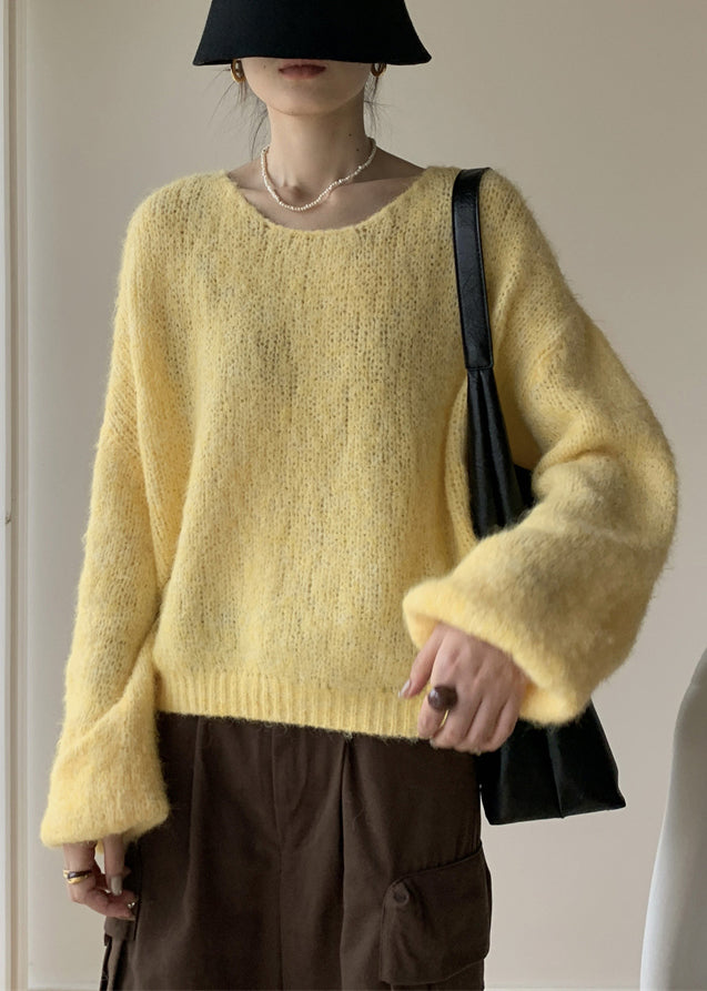 Yellow Cotton Knit Pullover Sweater V Neck Spring