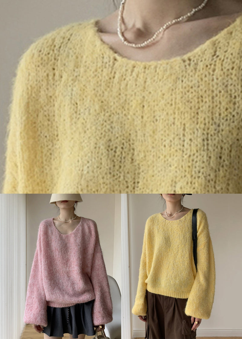 Yellow Cotton Knit Pullover Sweater V Neck Spring