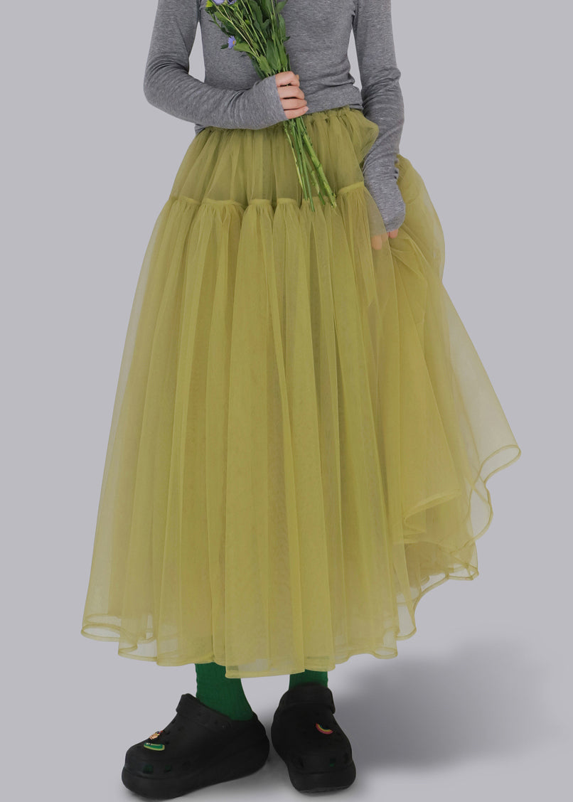 Yellow Elastic Waist Tulle Skirt Ruffled