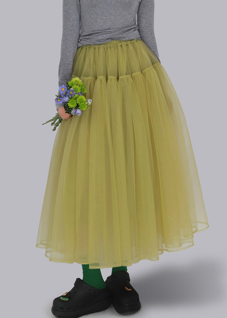 Yellow Elastic Waist Tulle Skirt Ruffled