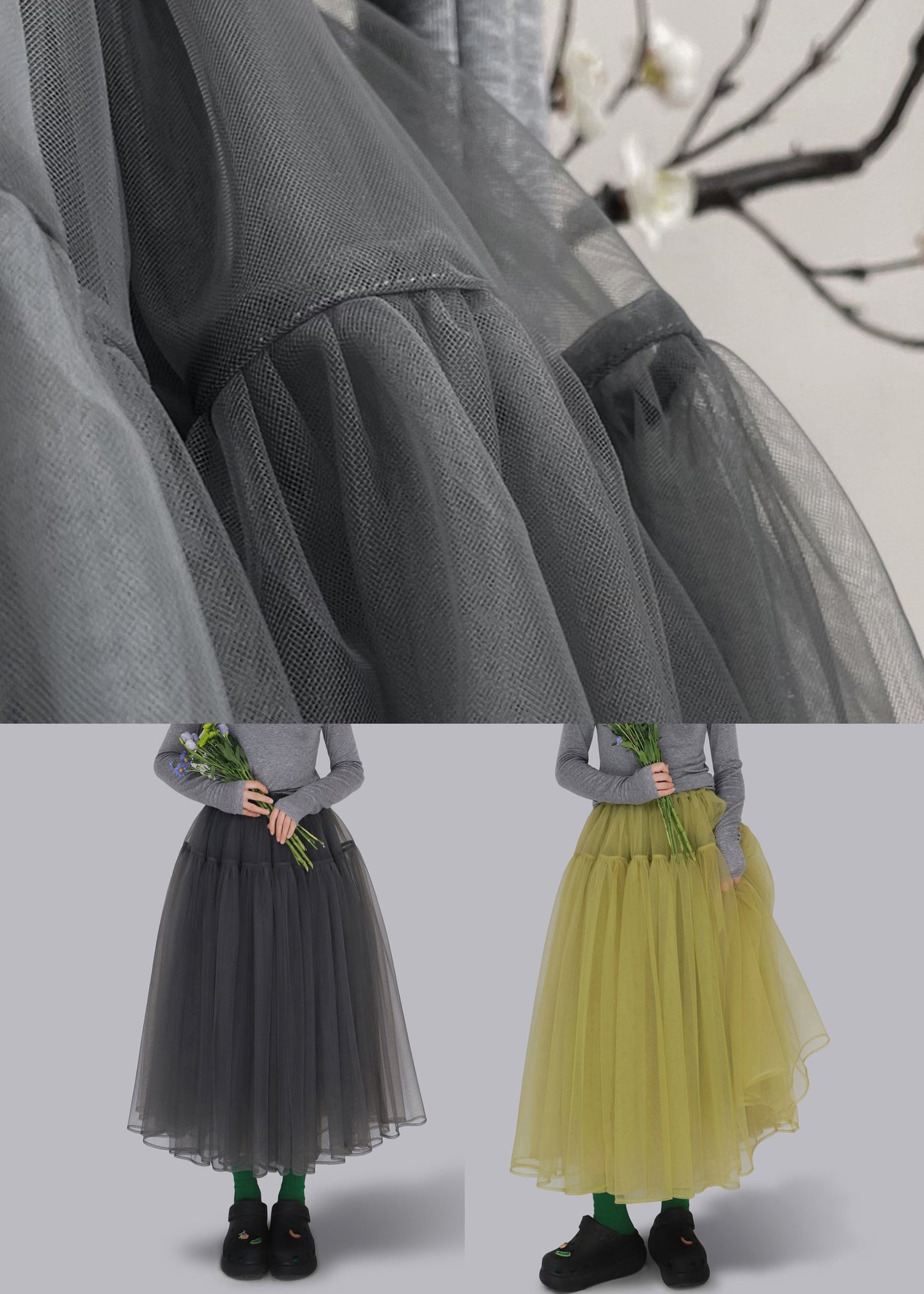 Yellow Elastic Waist Tulle Skirt Ruffled