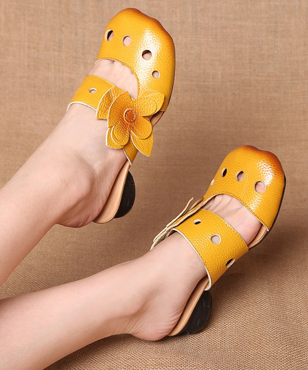 Yellow Splicing Cowhide Leather Chunky Slide Sandals