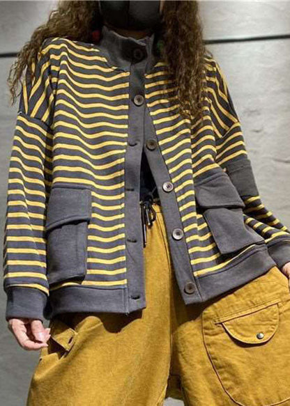 Yellow Striped Patchwork Coats Outwear Long Sleeve