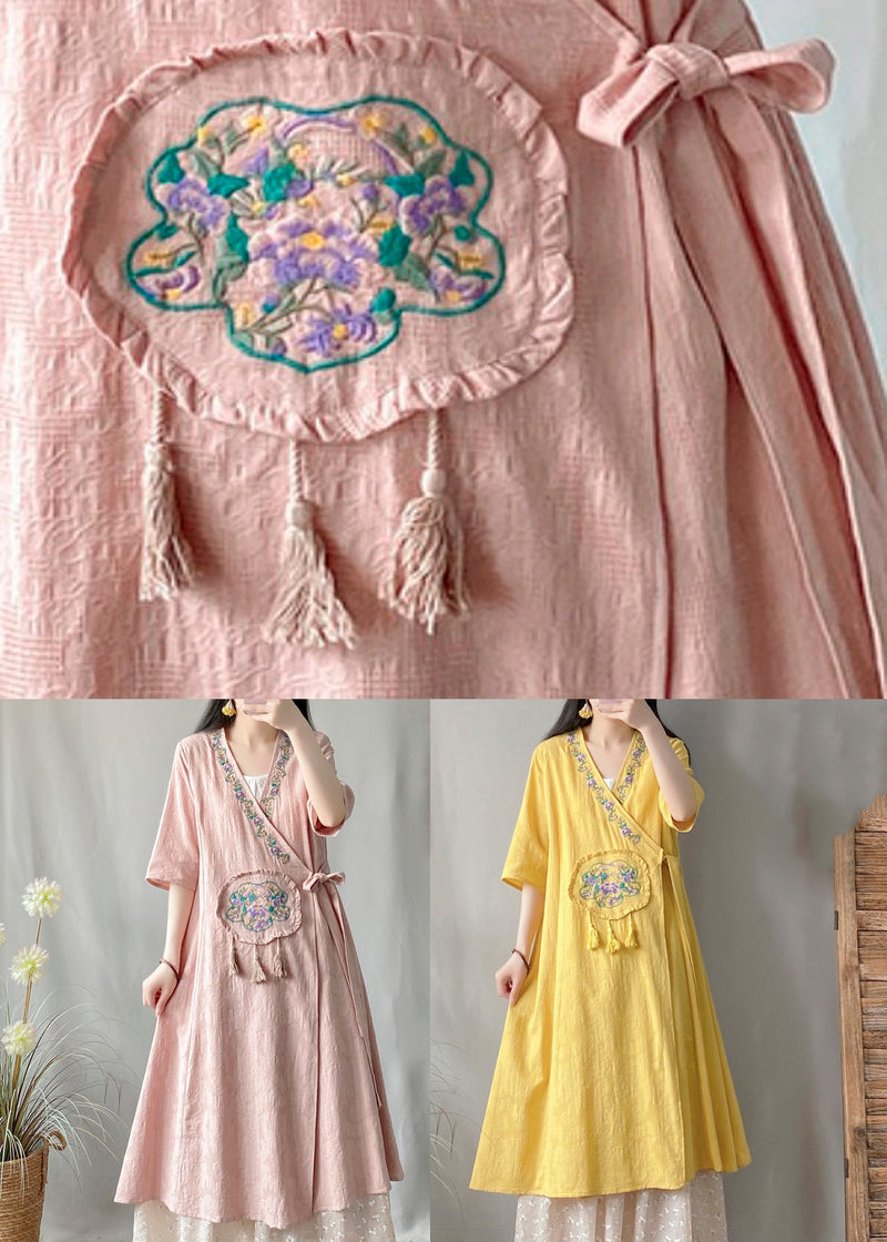 Yellow V Neck Tie Waist Maxi Cardigan Short Sleeve