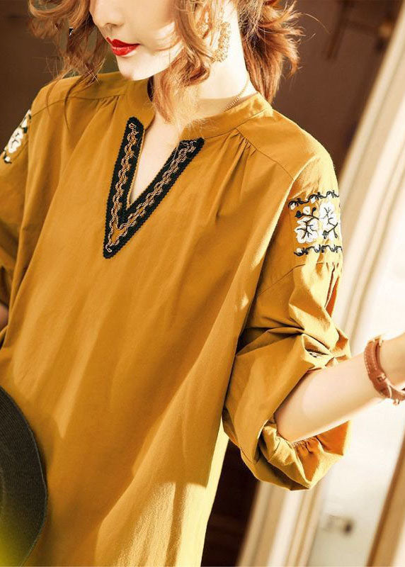 Yellow V Neck Cotton Dresses Spring