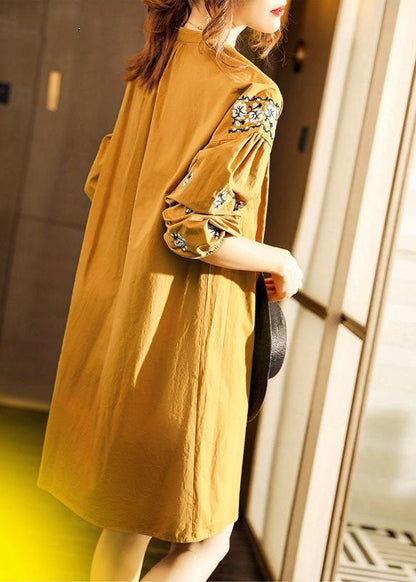 Yellow V Neck Cotton Dresses Spring