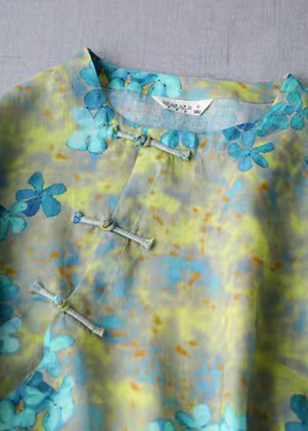 Yellow Linen Shirts Top Button Three Quarter Sleeve