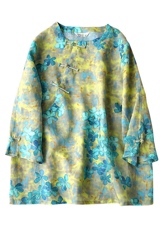 Yellow Linen Shirts Top Button Three Quarter Sleeve
