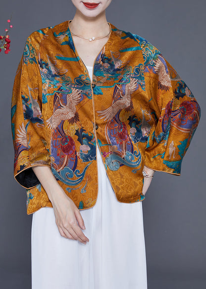 Yellow Silk Top V Neck Crane Print Bracelet Sleeve