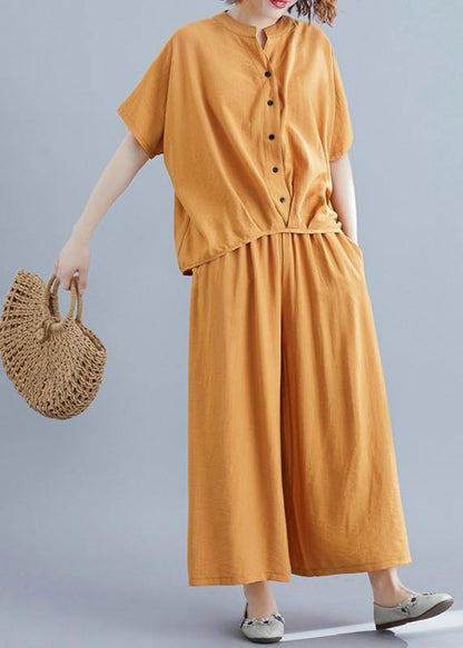 Yellow Cotton Linen Two-piece Irregular-breasted V-neck Pullover Shirt Nine Points Wide Leg Skirt Pants