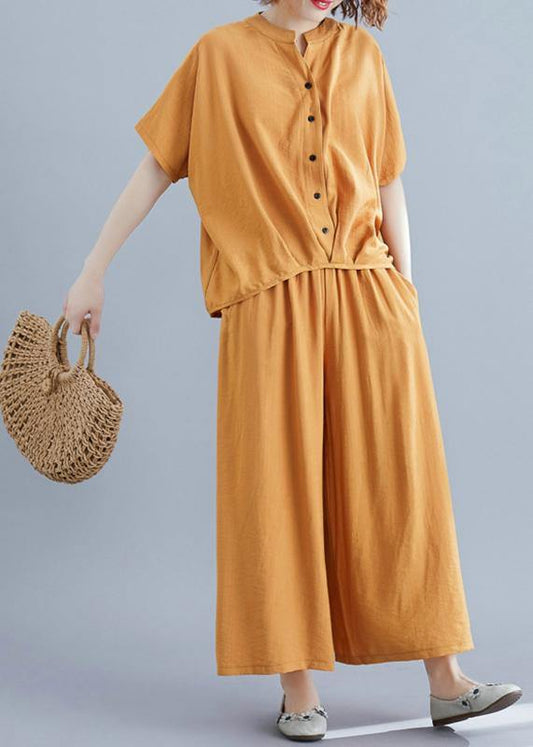Yellow Cotton Linen Two-piece Irregular-breasted V-neck Pullover Shirt Nine Points Wide Leg Skirt Pants