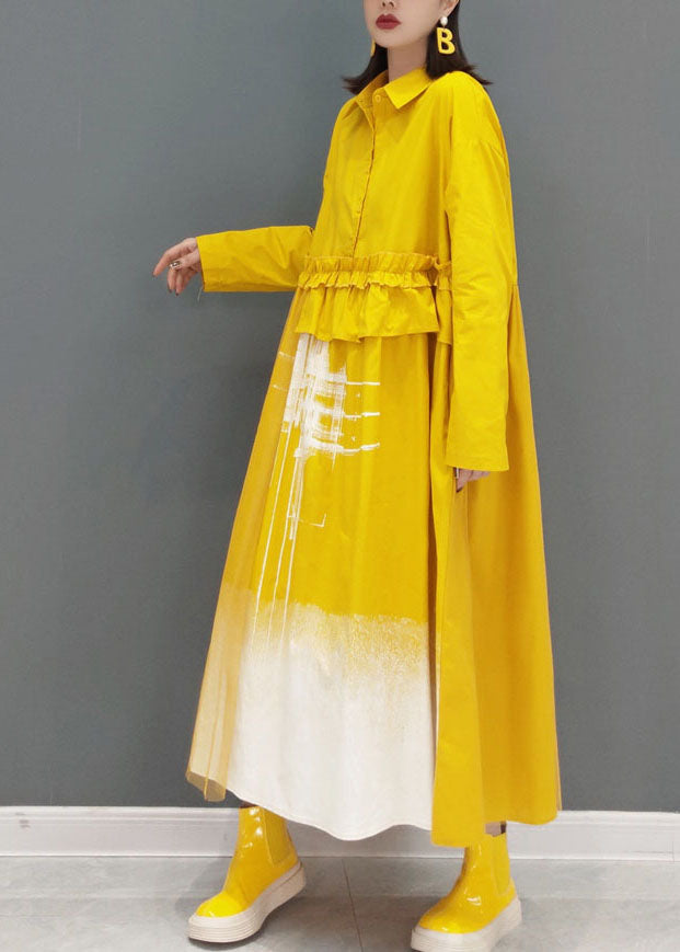 Yellow Print Long Dress Button Cinched Spring