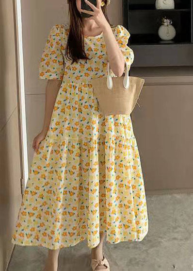 Yellow Cotton Linen Clothes Prints Kaftan Summer V Neck Dresses