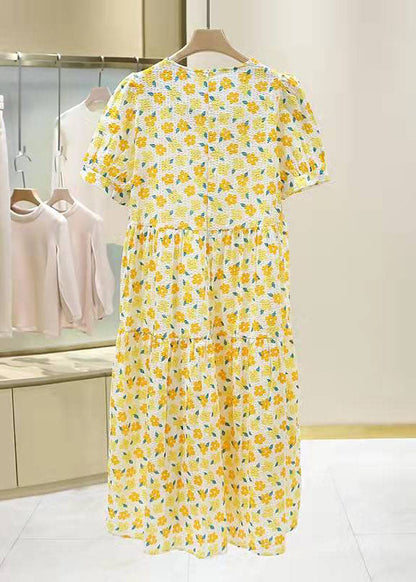 Yellow Cotton Linen Clothes Prints Kaftan Summer V Neck Dresses