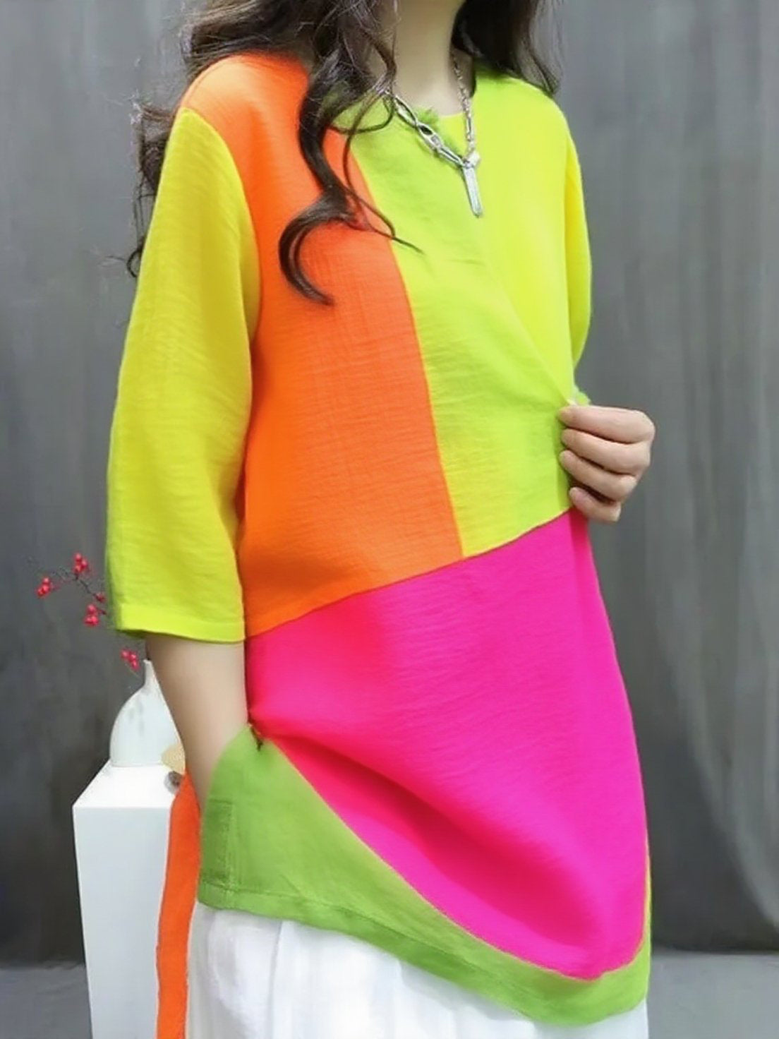 Handmade Green Red Orange O-Neck Print Button Top Summer