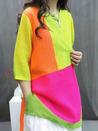 Handmade Green Red Orange O-Neck Print Button Top Summer